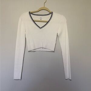 Garage Cropped Ribbed V-Neck Long Sleeve Top - White